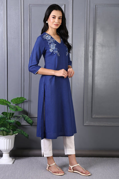 W for Woman Blue Embroidered Printed Thread Embroidery Rayon Flax A-line Kurta