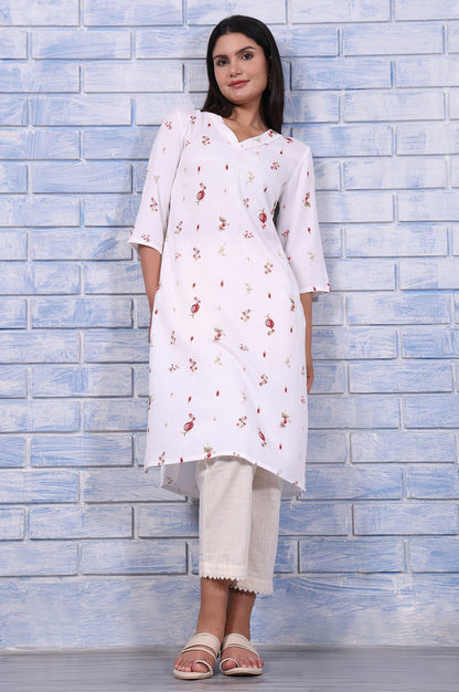 W for Woman White Floral Printed Rayon Flax Straight Kurta with Lace