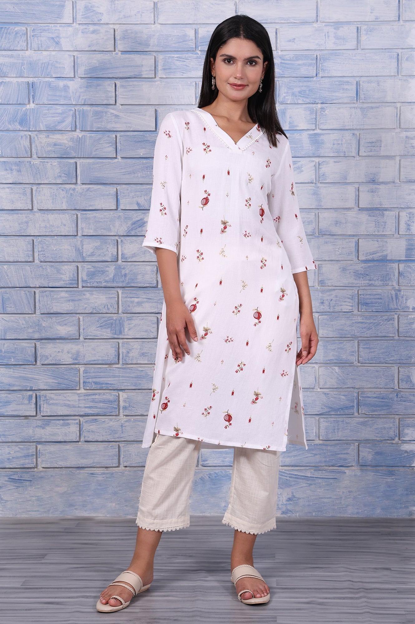 W for Woman White Floral Printed Rayon Flax Straight Kurta with Lace