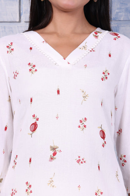 W for Woman White Floral Printed Rayon Flax Straight Kurta with Lace