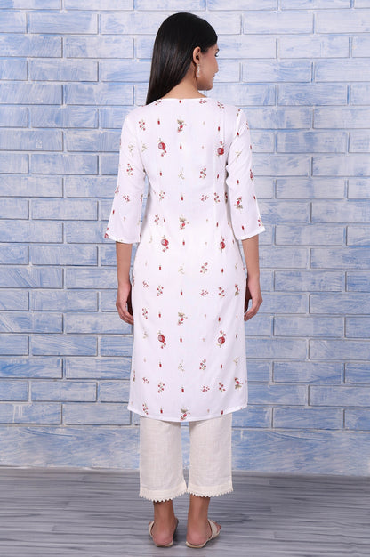 W for Woman White Floral Printed Rayon Flax Straight Kurta with Lace