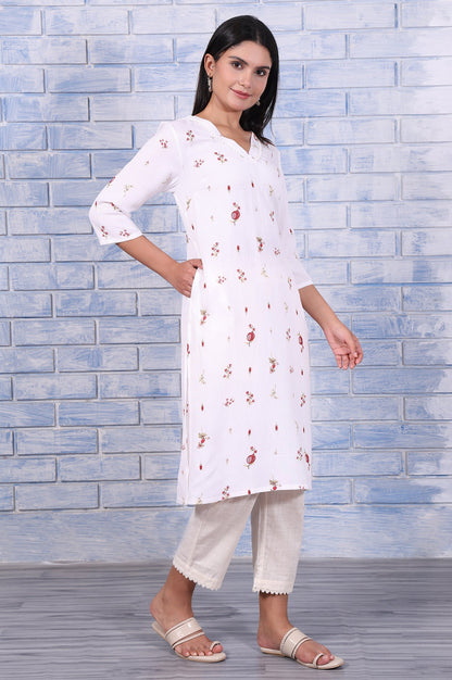 W for Woman White Floral Printed Rayon Flax Straight Kurta with Lace