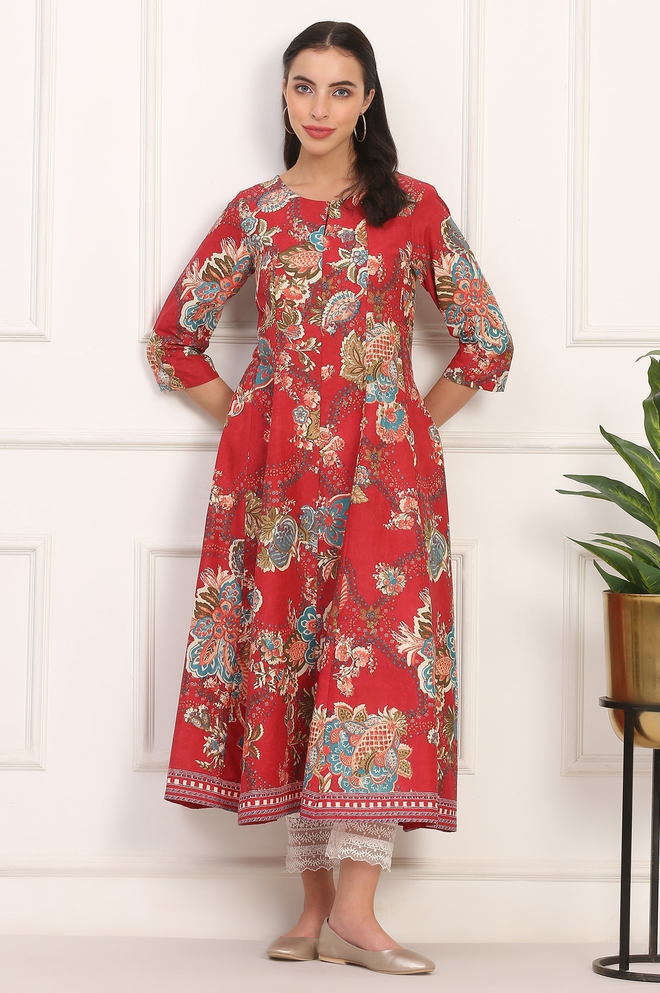 W for Woman Red Floral Printed Flared Pure Cotton Kurta