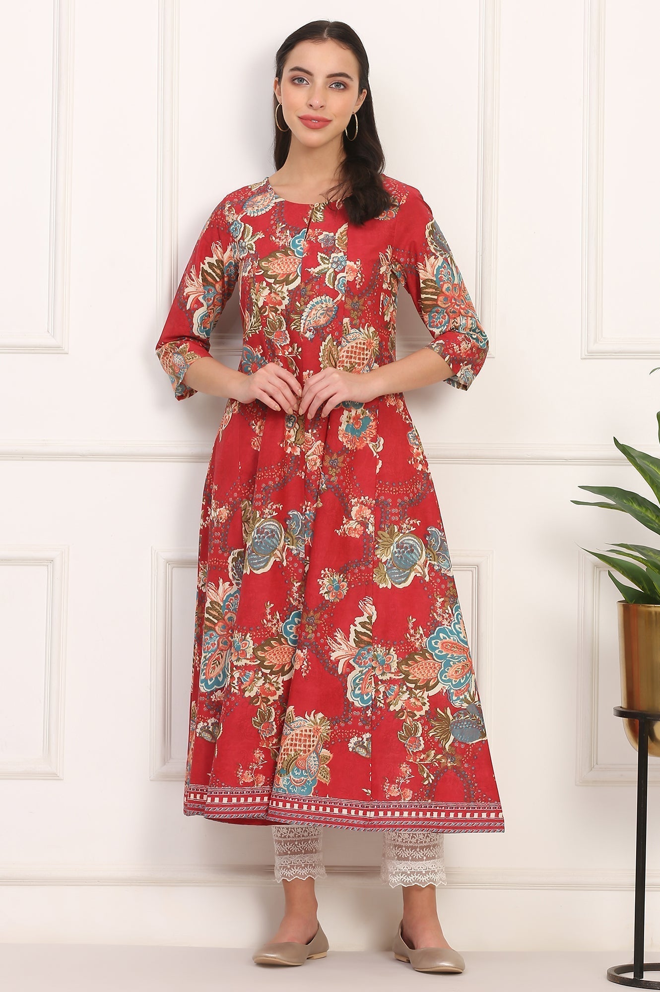 W for Woman Red Floral Printed Flared Pure Cotton Kurta