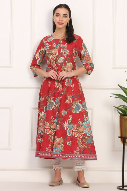 W for Woman Red Floral Printed Flared Pure Cotton Kurta