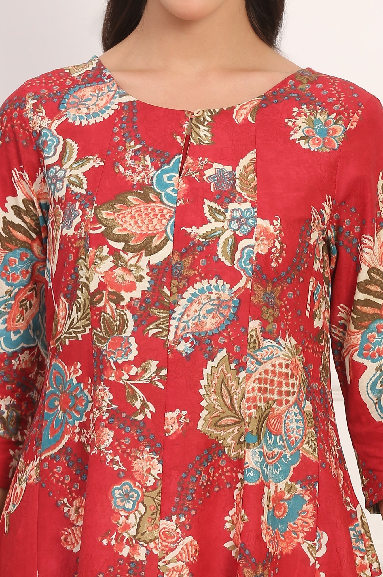 W for Woman Red Floral Printed Flared Pure Cotton Kurta