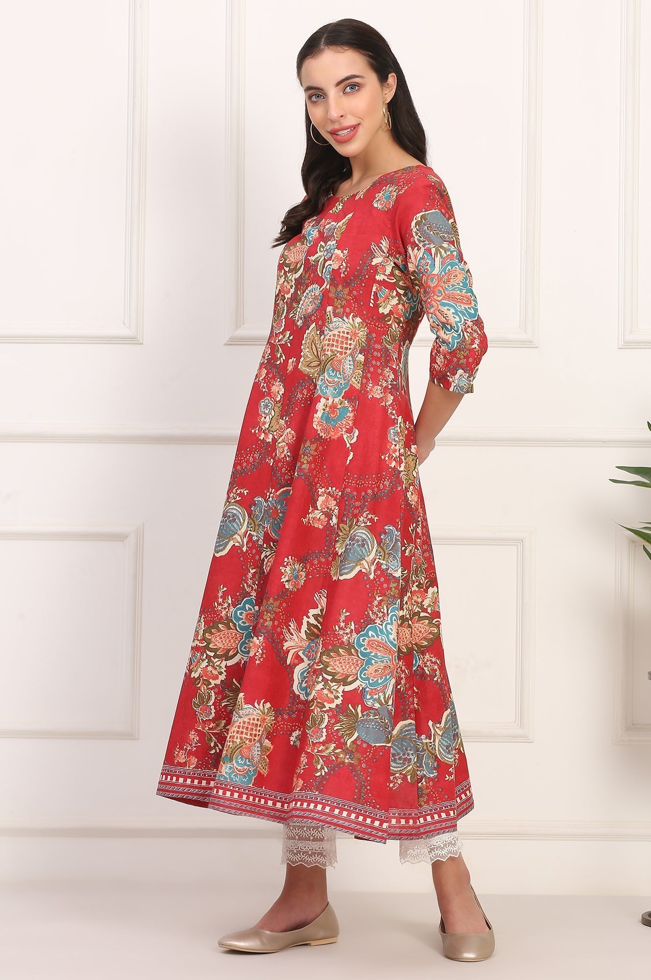 W for Woman Red Floral Printed Flared Pure Cotton Kurta