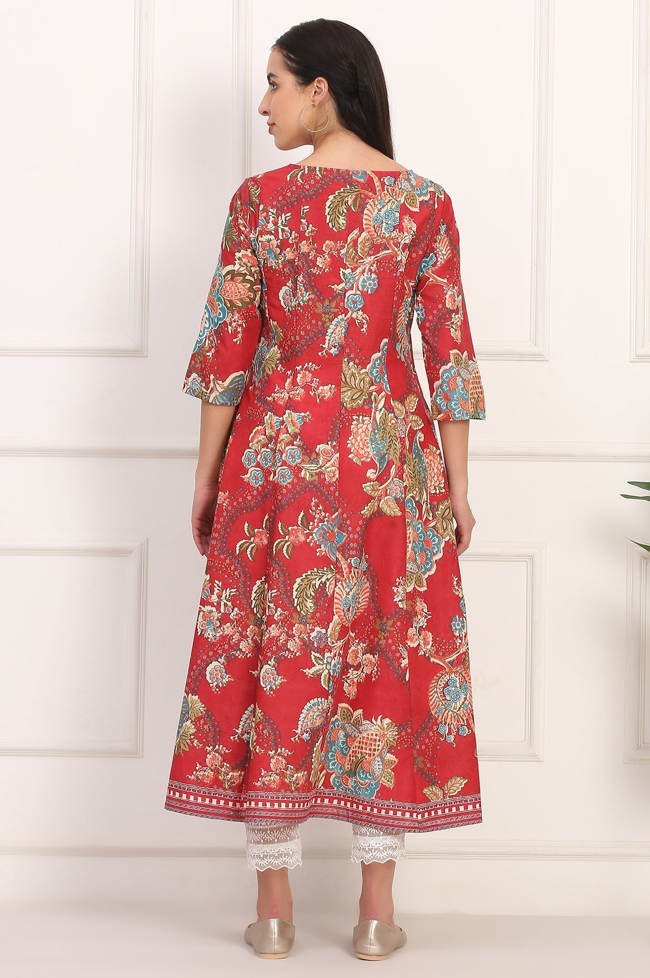 W for Woman Red Floral Printed Flared Pure Cotton Kurta