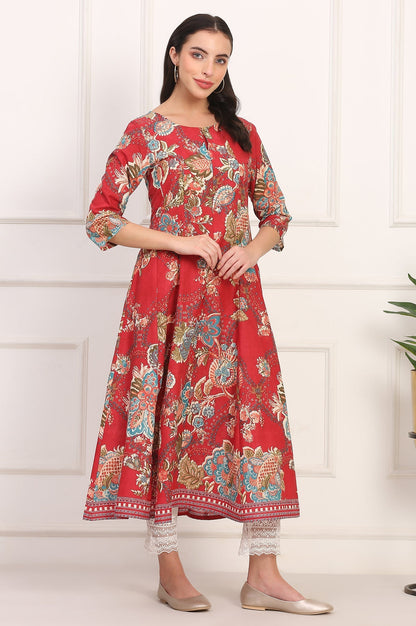 W for Woman Red Floral Printed Flared Pure Cotton Kurta