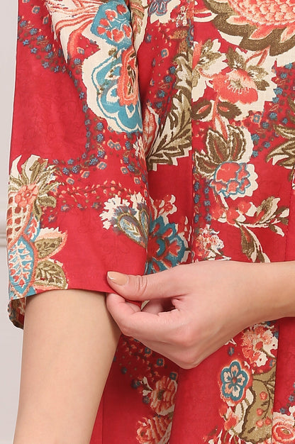 W for Woman Red Floral Printed Flared Pure Cotton Kurta