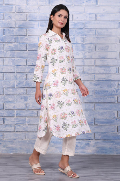 W for Woman White Floral Printed Lace Pure Cotton Straight Kurta