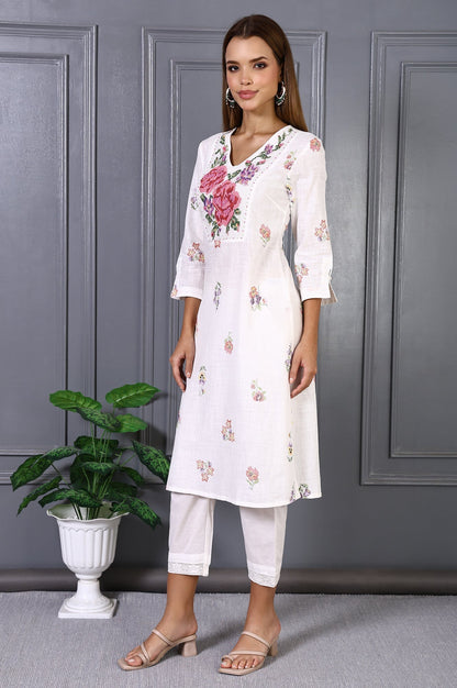 W for Woman White Floral Printed Thread Embroidery Pure Cotton Straight Kurta
