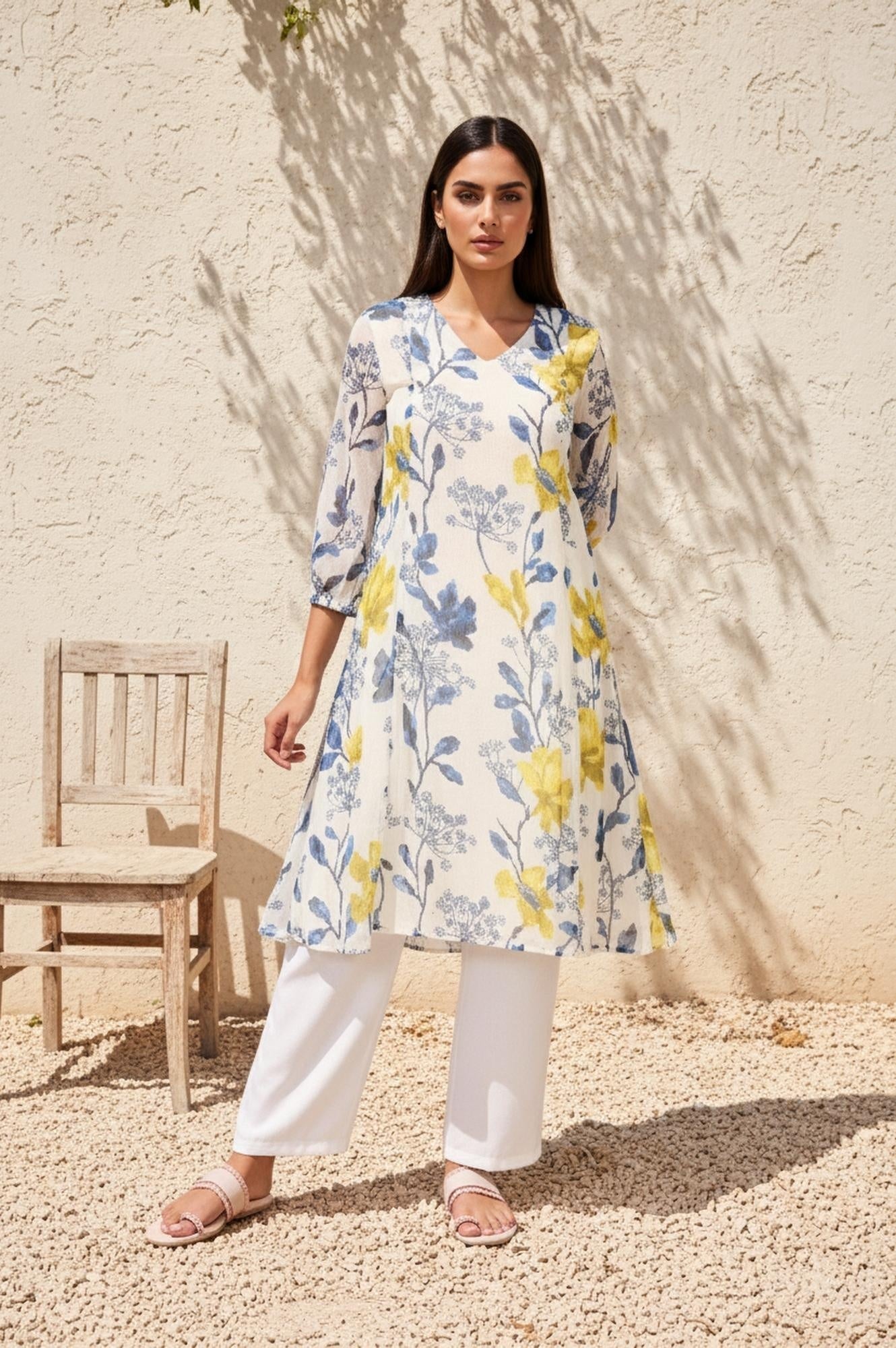 W for Woman White Floral A-Line Chiffon Kurta