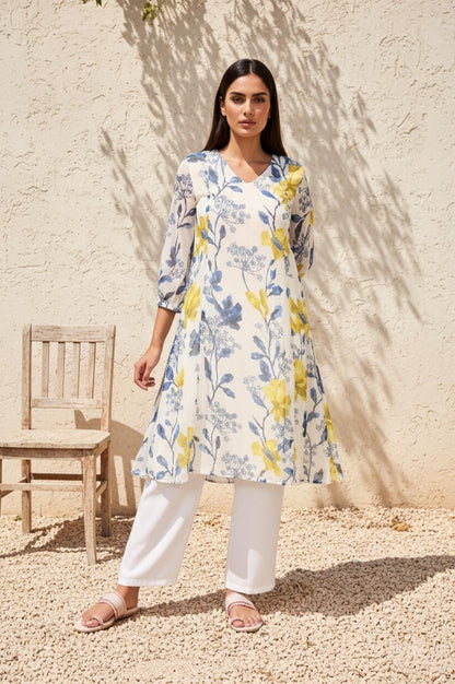 W for Woman White Floral A-Line Chiffon Kurta