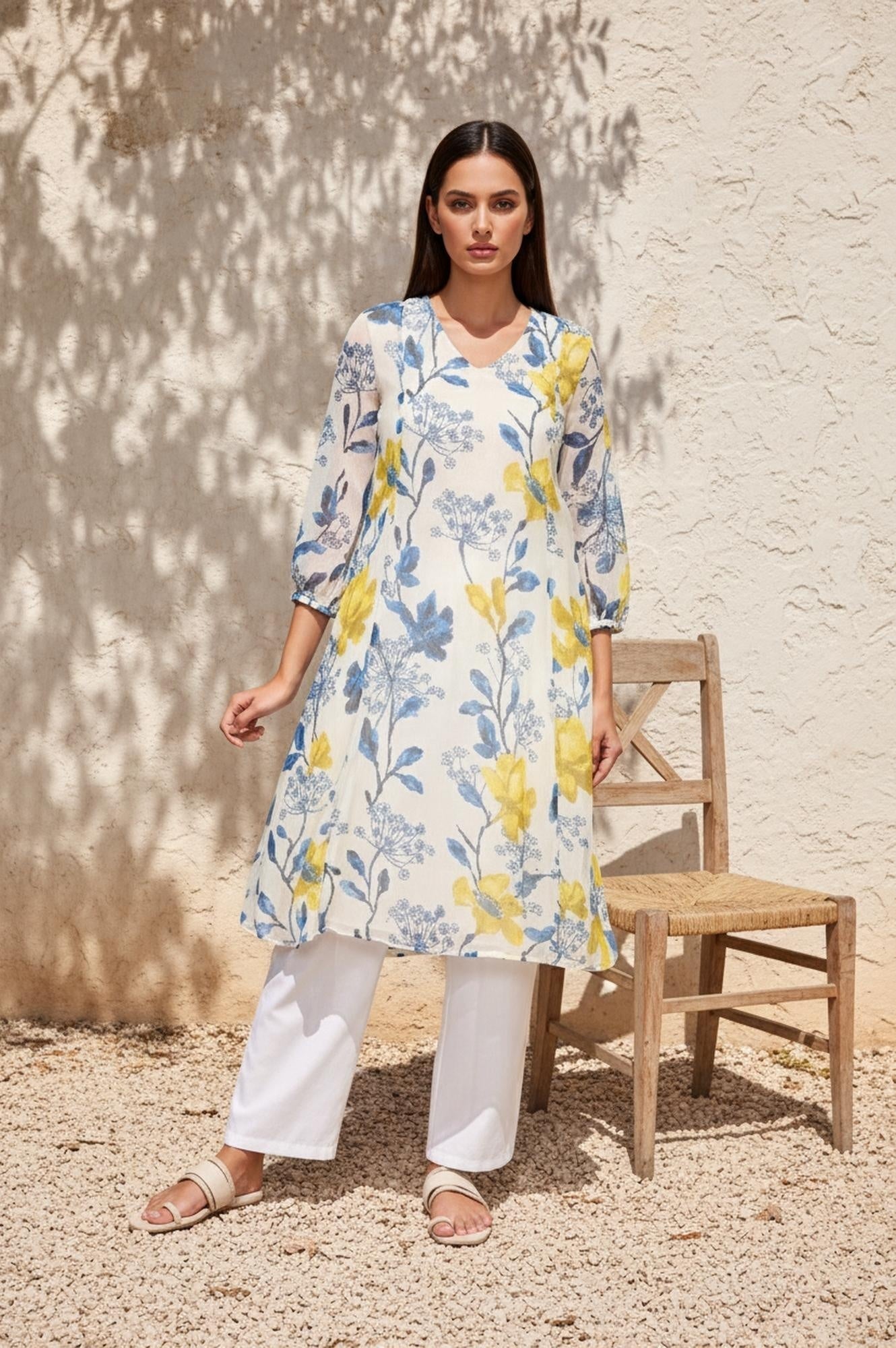 W for Woman White Floral A-Line Chiffon Kurta