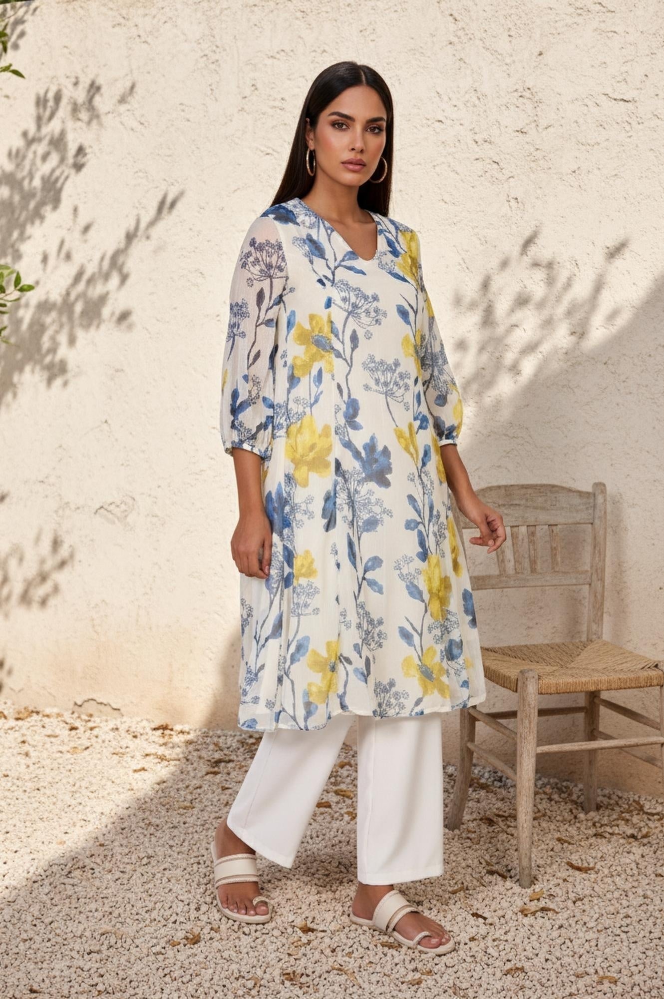 W for Woman White Floral A-Line Chiffon Kurta
