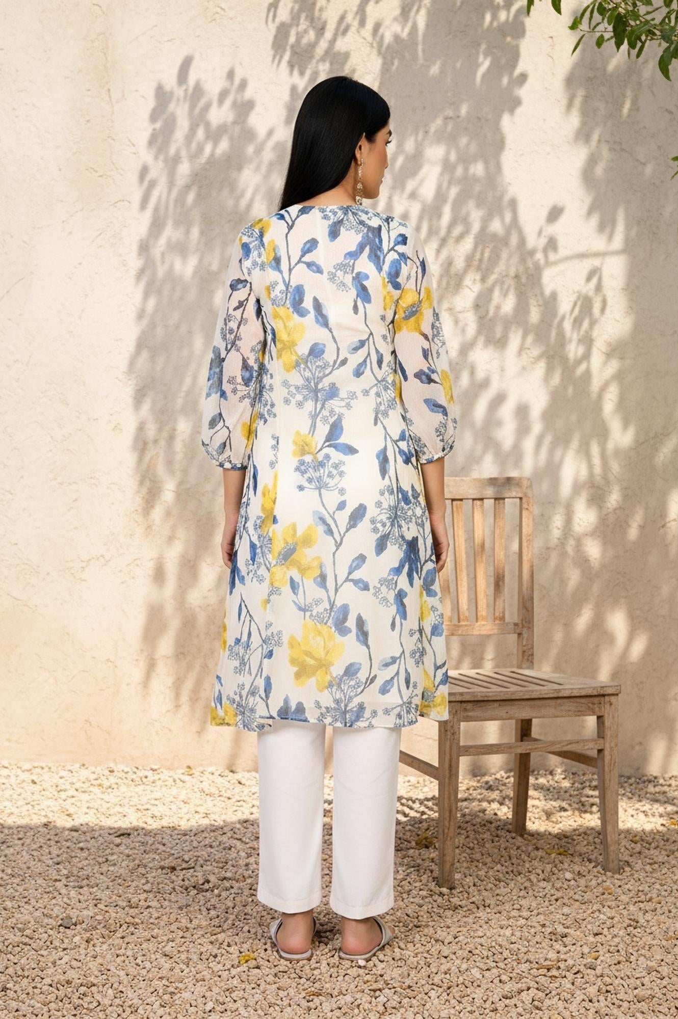 W for Woman White Floral A-Line Chiffon Kurta
