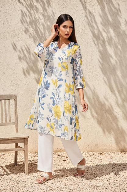 W for Woman White Floral A-Line Chiffon Kurta