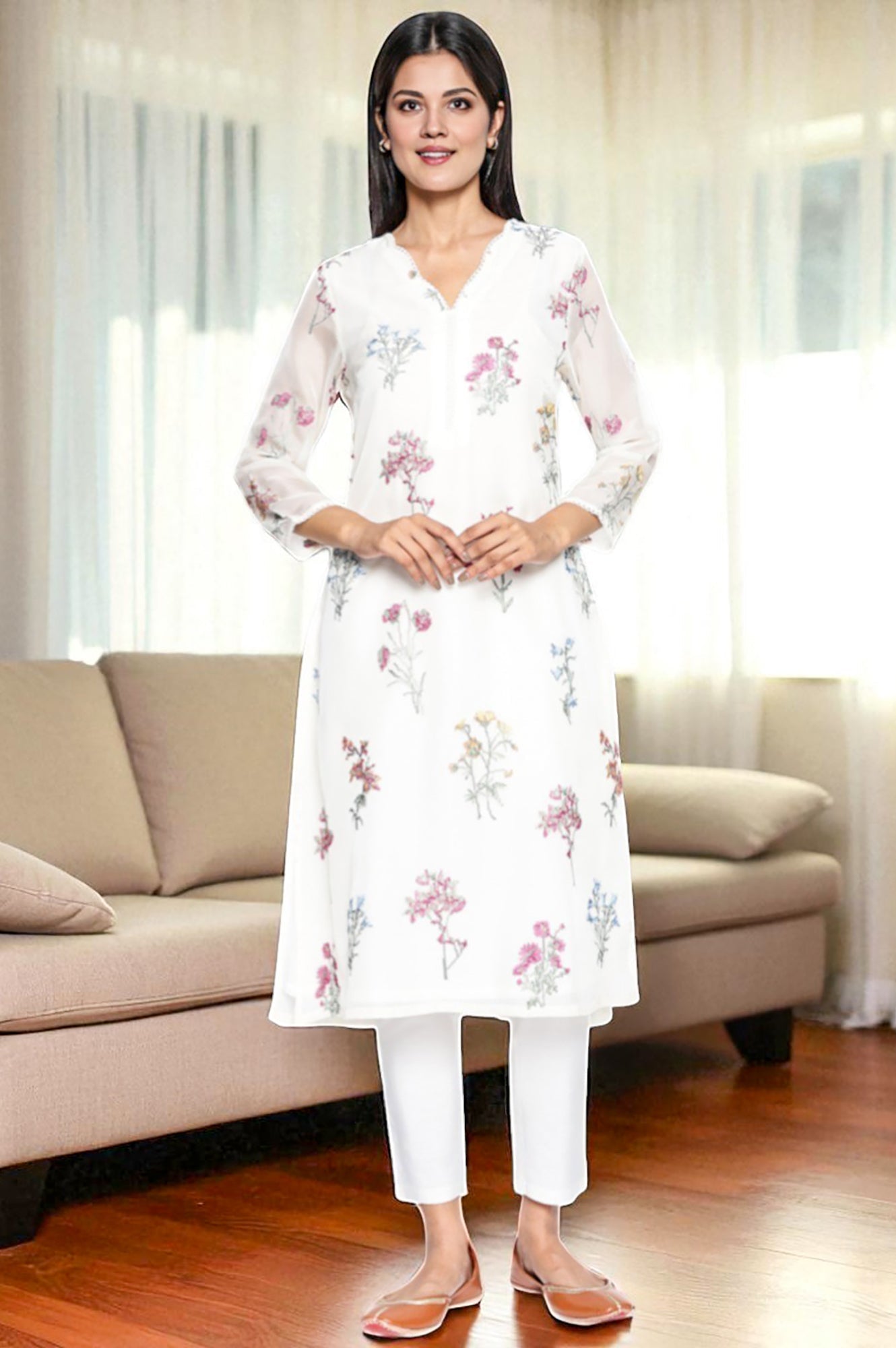 W for Woman White Embroidered Printed Organza Straight Kurta