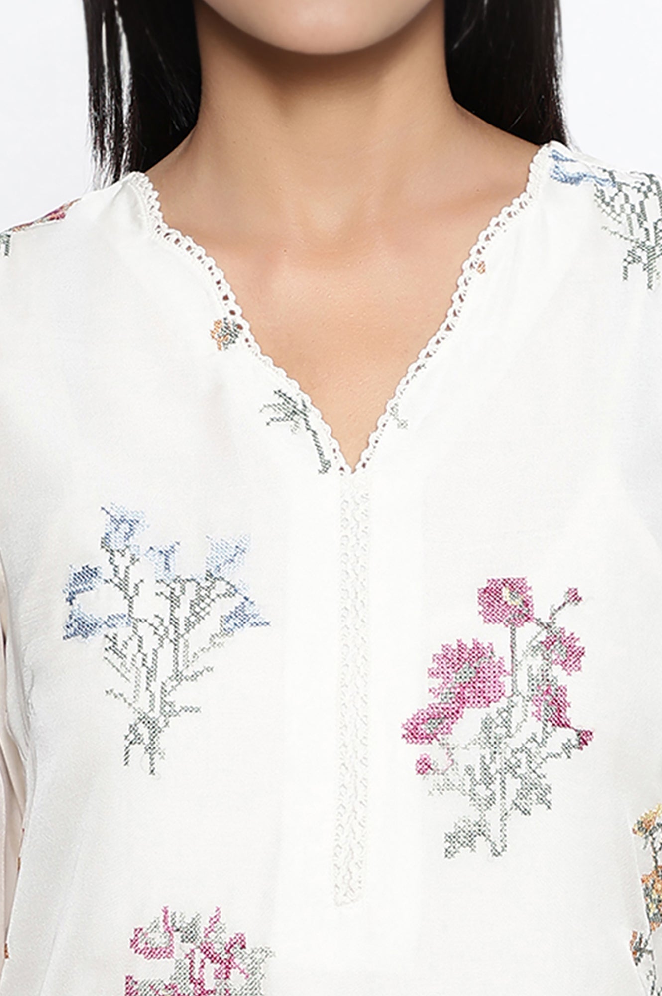 W for Woman White Embroidered Printed Organza Straight Kurta