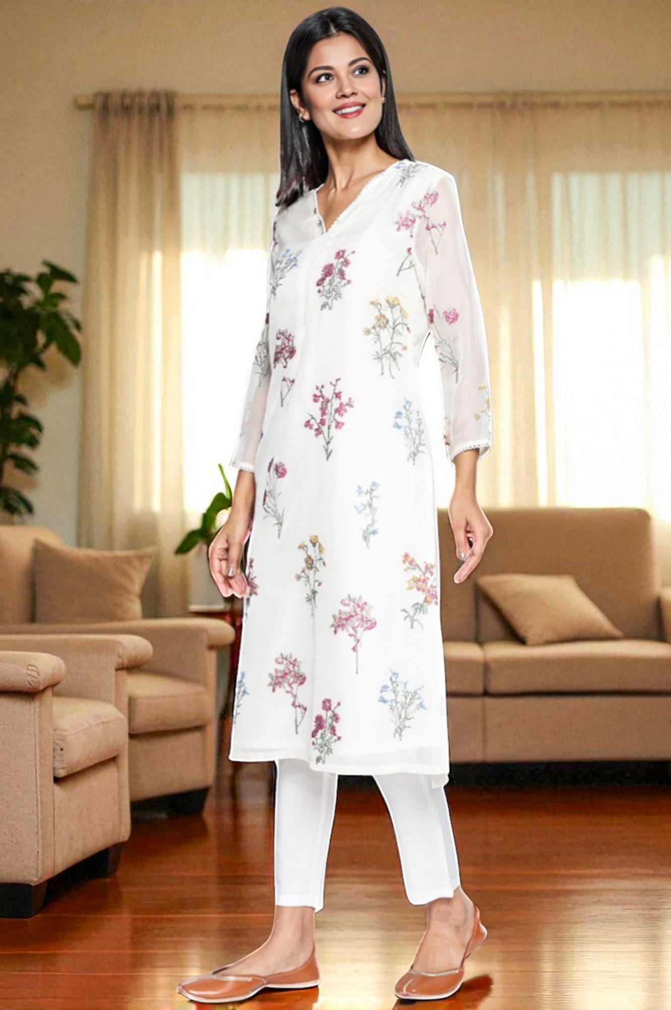W for Woman White Embroidered Printed Organza Straight Kurta