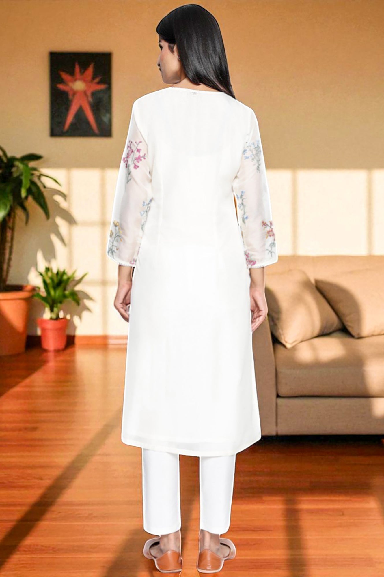 W for Woman White Embroidered Printed Organza Straight Kurta