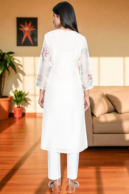 W for Woman White Embroidered Printed Organza Straight Kurta