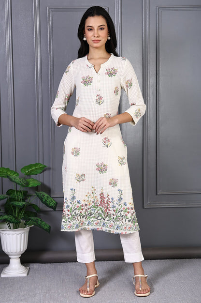 W for Woman White Floral Printed Buttons Pure Cotton Straight Kurta