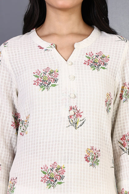 W for Woman White Floral Printed Buttons Pure Cotton Straight Kurta