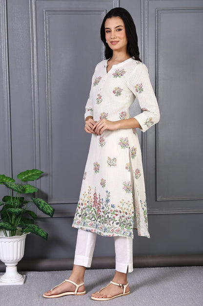 W for Woman White Floral Printed Buttons Pure Cotton Straight Kurta
