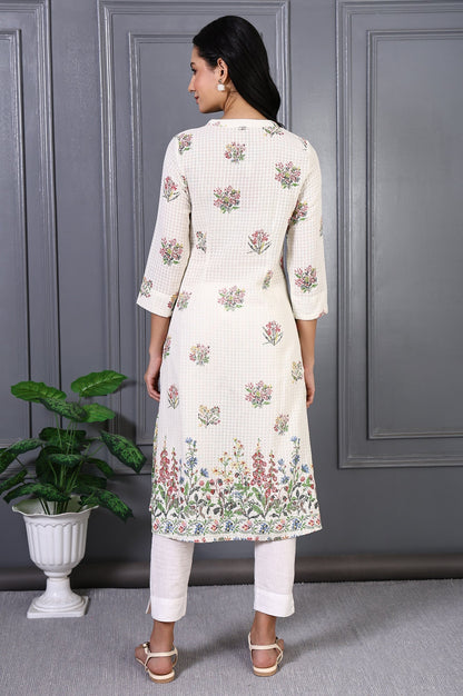 W for Woman White Floral Printed Buttons Pure Cotton Straight Kurta