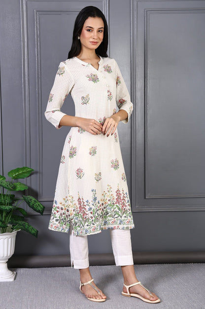W for Woman White Floral Printed Buttons Pure Cotton Straight Kurta
