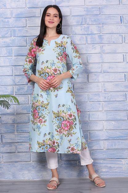 W for Woman Blue Floral Printed Pure Cotton Straight Kurta