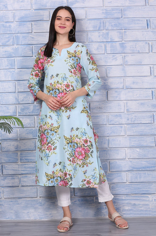 W for Woman Blue Floral Printed Pure Cotton Straight Kurta