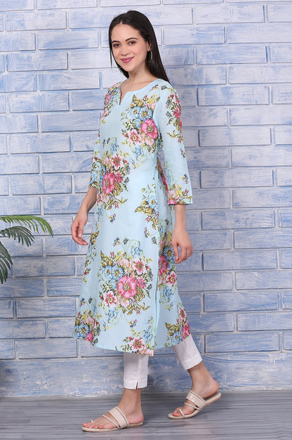 W for Woman Blue Floral Printed Pure Cotton Straight Kurta