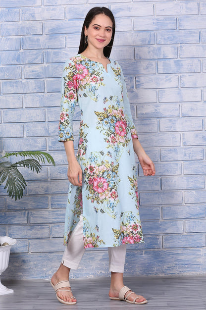 W for Woman Blue Floral Printed Pure Cotton Straight Kurta