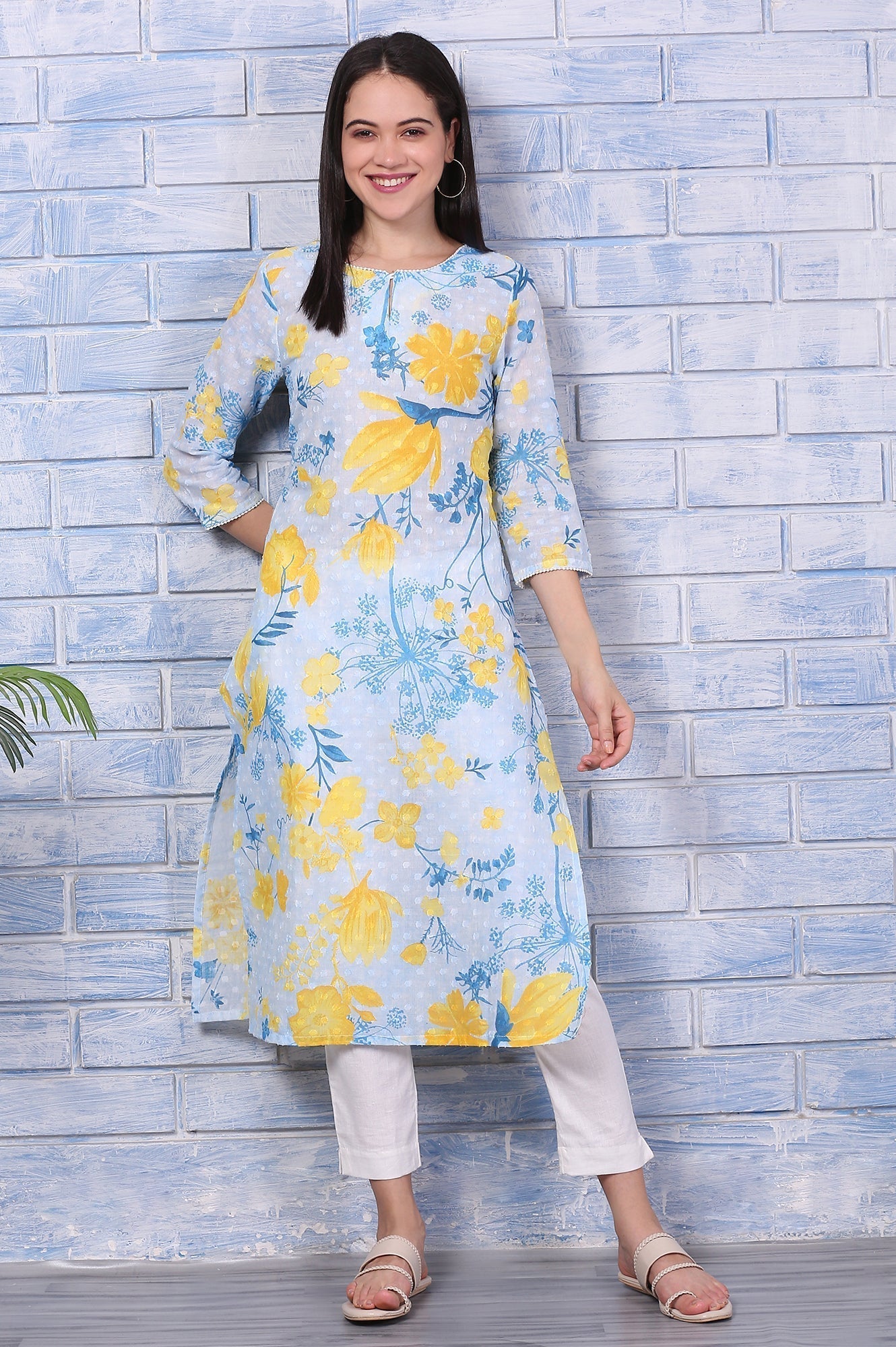 W for Woman Bue Floral Printed Pure Cotton Straight Kurta with Lace