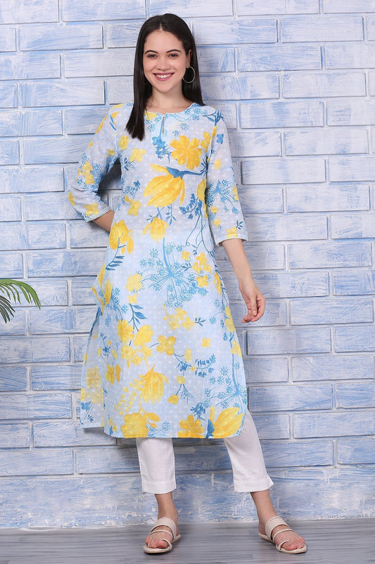 W for Woman Bue Floral Printed Pure Cotton Straight Kurta with Lace