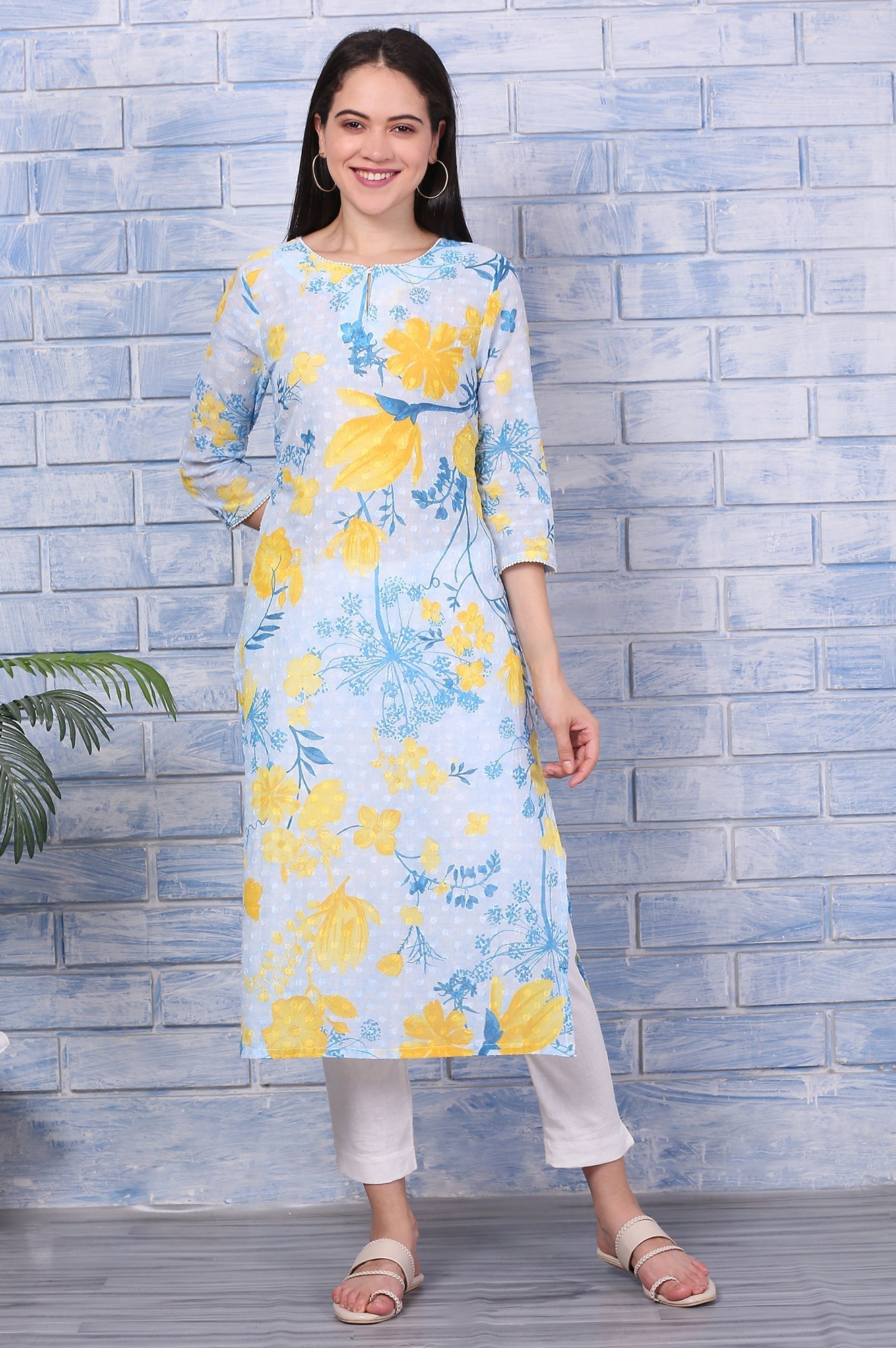 W for Woman Bue Floral Printed Pure Cotton Straight Kurta with Lace