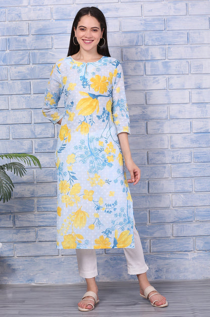 W for Woman Bue Floral Printed Pure Cotton Straight Kurta with Lace