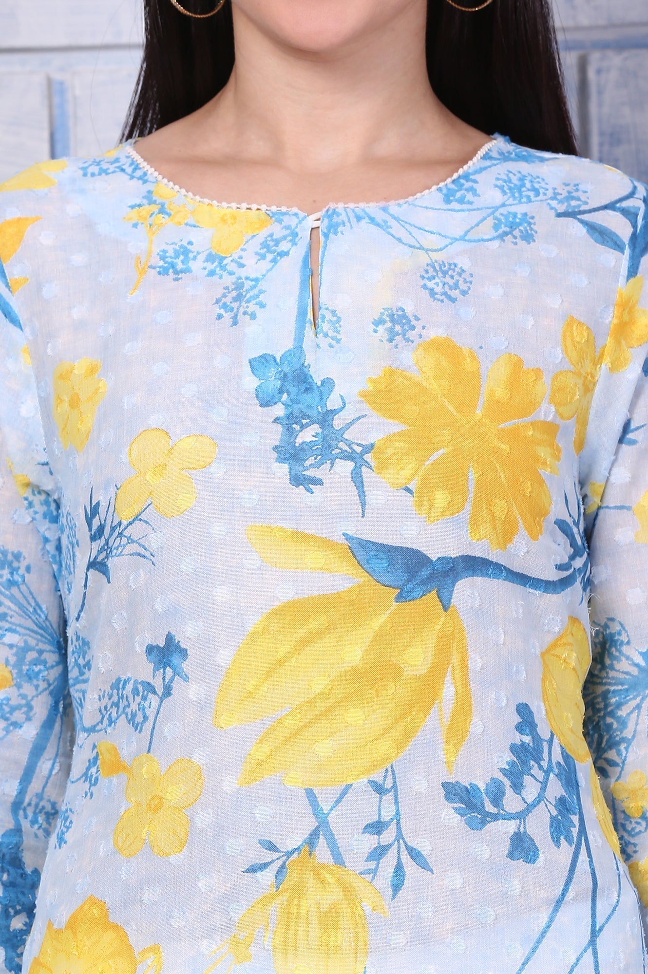 W for Woman Bue Floral Printed Pure Cotton Straight Kurta with Lace