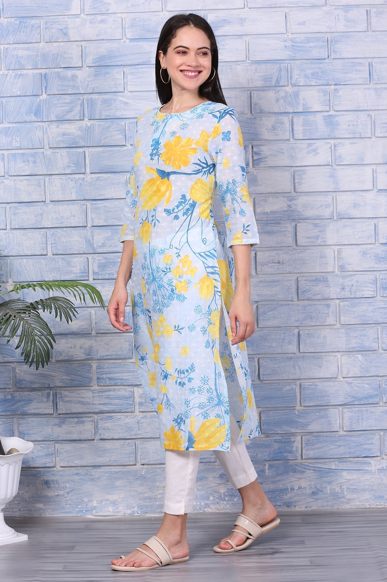 W for Woman Bue Floral Printed Pure Cotton Straight Kurta with Lace