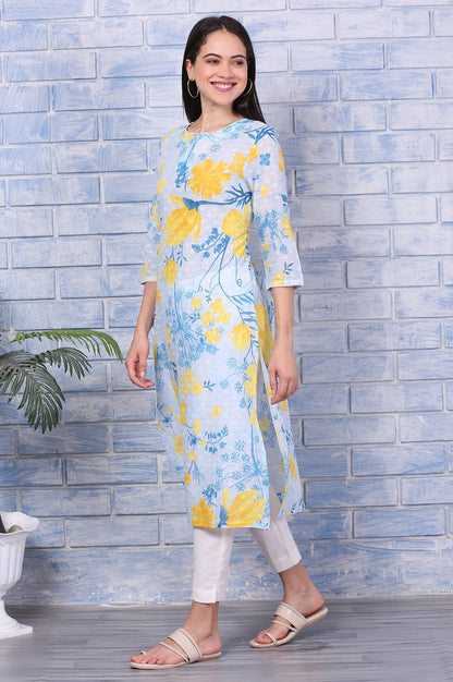 W for Woman Bue Floral Printed Pure Cotton Straight Kurta with Lace