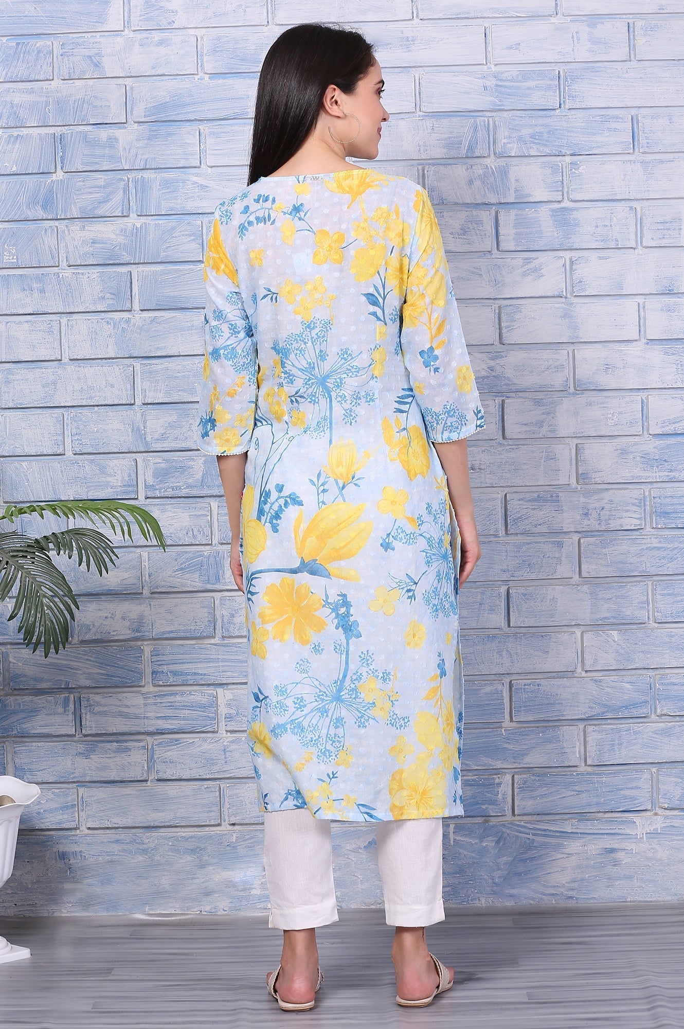W for Woman Bue Floral Printed Pure Cotton Straight Kurta with Lace