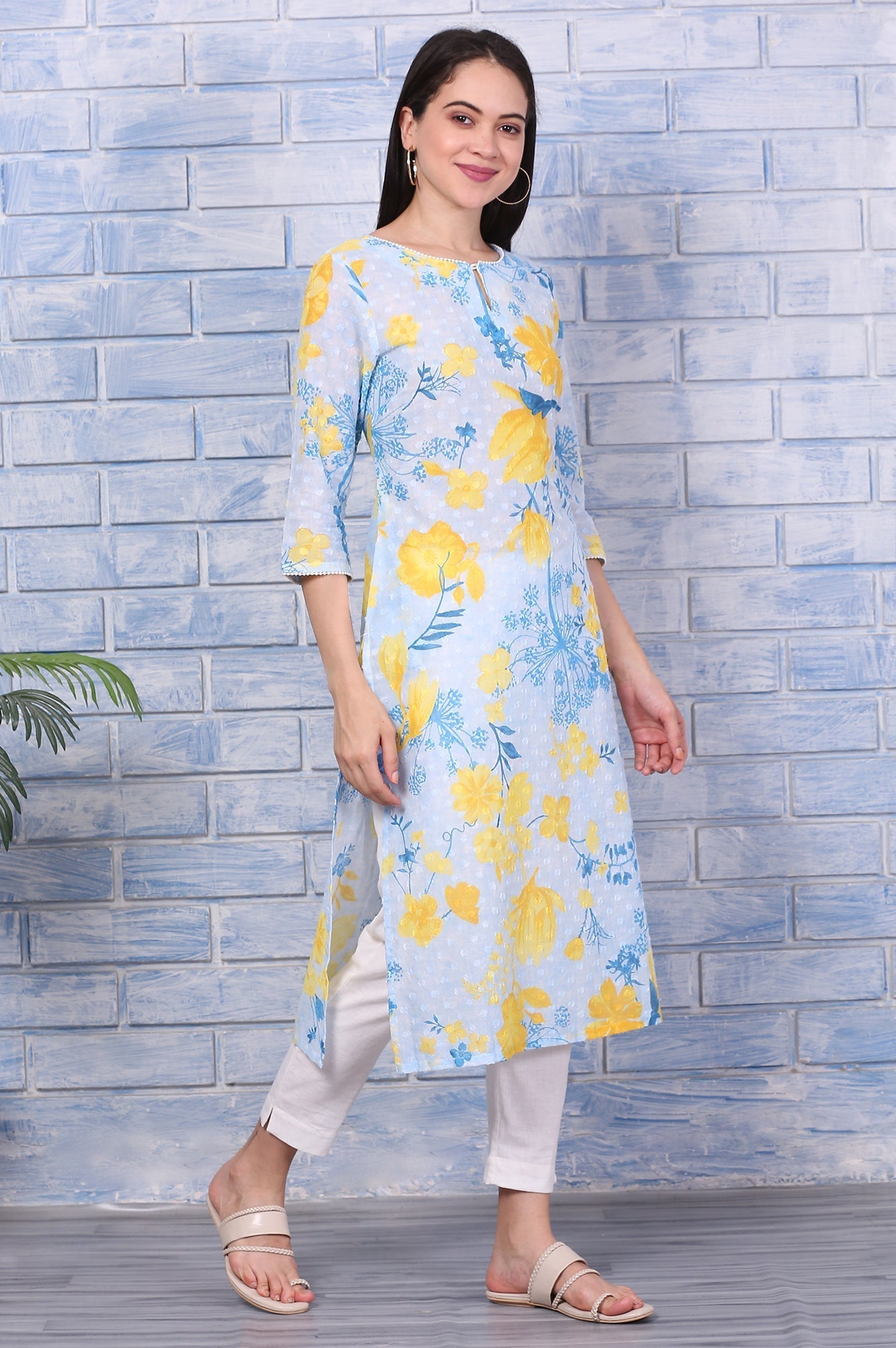 W for Woman Bue Floral Printed Pure Cotton Straight Kurta with Lace