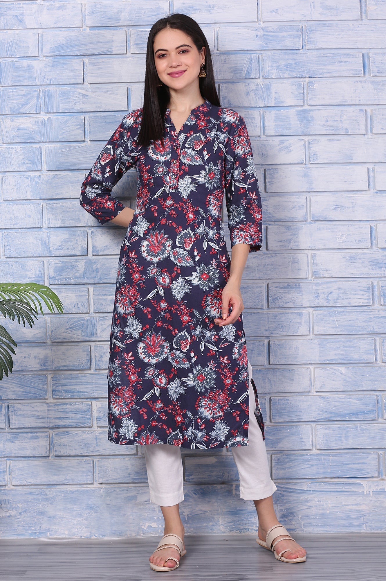 W for Woman Blue Floral Printed Rayon Straight Casual Kurta