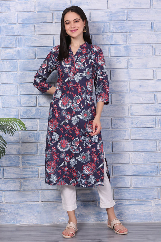W for Woman Blue Floral Printed Rayon Straight Casual Kurta