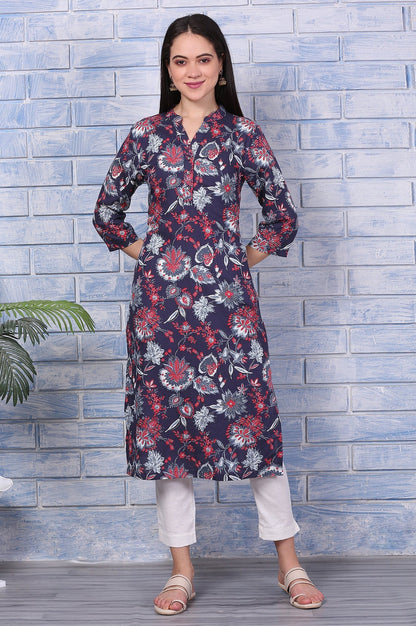 W for Woman Blue Floral Printed Rayon Straight Casual Kurta