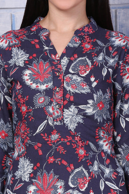 W for Woman Blue Floral Printed Rayon Straight Casual Kurta