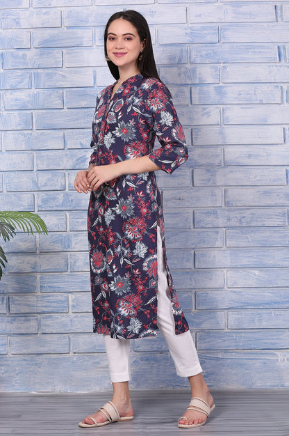 W for Woman Blue Floral Printed Rayon Straight Casual Kurta